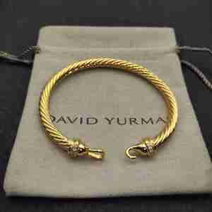 David Yurman Yellow Gold Twisted Cable Hook Bracelet With Crystals